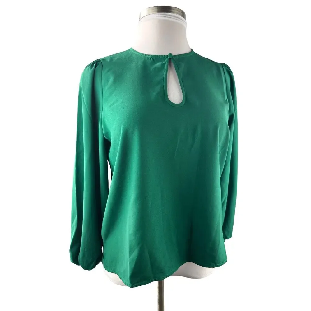 J. Crew Puff Sleeve Satin Back Crepe Top Emerald Green Blouse M NEW Office Chic